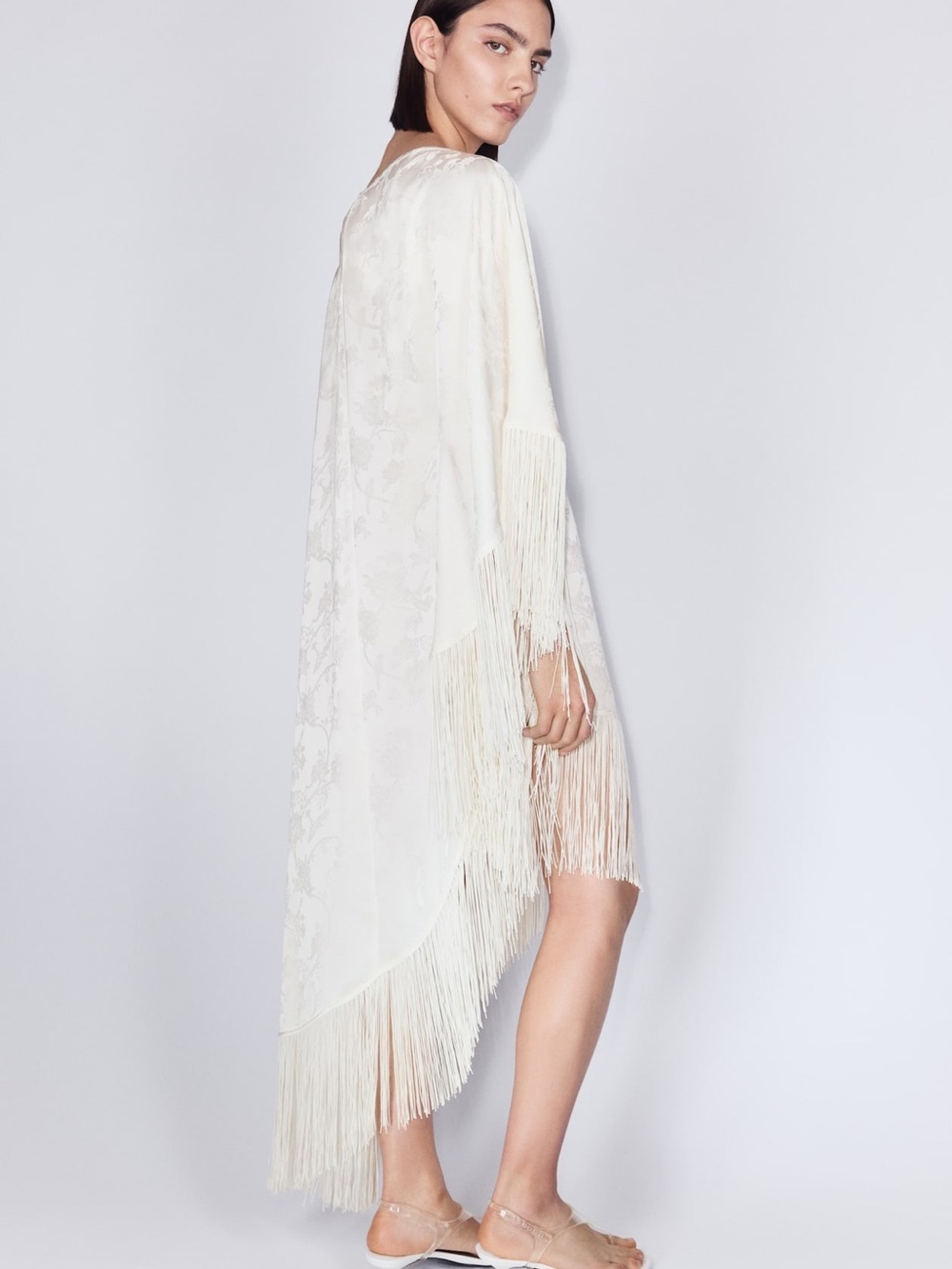 H&M Cream Fringed One-Shoulder Asymmetric Kaftan Midi Dress - Large NWT